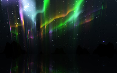Northern lights. Aurora borealis nature landscape at night, Sky with polar lights and stars.