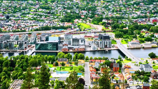 Drammen, Norway. Aerial view of the city center of Drammen, Norway during a sunny summer day. Time-lapse of car traffic and river, zoom in