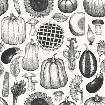 Autumn season food seamless pattern. Hand drawn thanksgiving day background. Vintage food illustrations