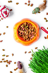 dry cat food in bowl on white background top view