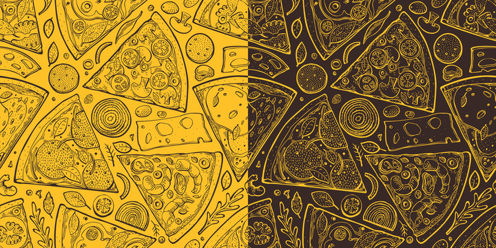 Pizza slices seamless pattern. Hand drawn vector Italian food illustration. Engraved style retro food background. Retro fast food banner.
