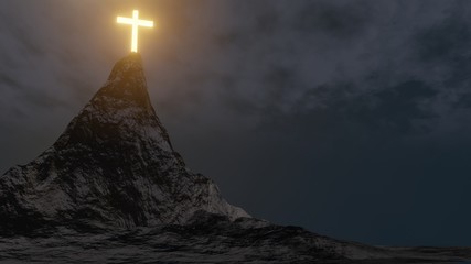 3D Rendering of rocky mountain on dark blue sky background with Silhouette cross and glowing dramatic sunrise. Concept of Jesus Christ cross, Easter, resurrection, crucifixion, Ascension day