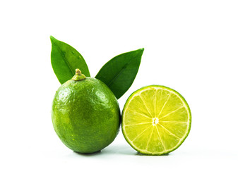 Fresh Lime and half with leave on white background.