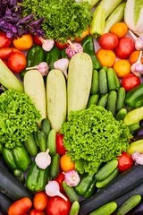 Afwasbaar fotobehang Fresh farm vegetables close-up. Cucumber, garlic, tomatoes, green pepper, cabbage © Dima Anikin