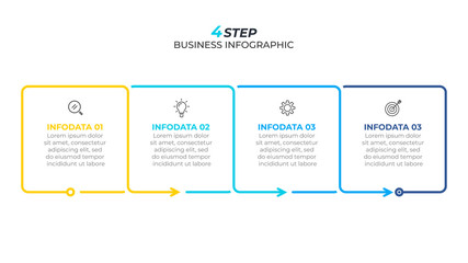 Thin line flat infographic design template with marketing icons and 4 options, steps. Vector timeline elements. Can be used for process diagram, presentations, workflow layout, flow chart, info graph.