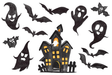 Watercolor Halloween set: witch house with ghosts, bats. Illustration isolated on white background.