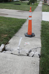 A sidewalk square is torn up, the first step in replacing it.