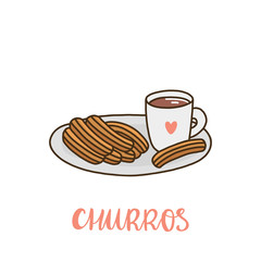 Churros with a mug of hot chocolate. Churros (or churro) is a traditional Spanish dessert. It can be used for menu, sign, banner, poster, etc.
