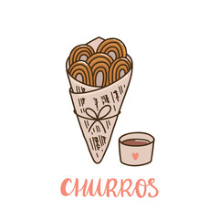 Churros with chocolate. Churros (or churro) is a traditional Spanish dessert. It can be used for menu, sign, banner, poster, etc.