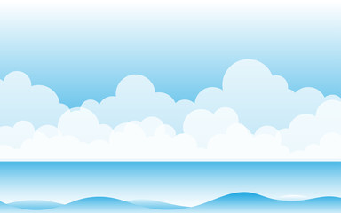 Obraz premium White clouds on top blue sky with the ocean wave holiday summer background vector design