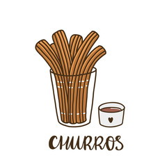 Churros with chocolate. Churros (or churro) is a traditional Spanish dessert. It can be used for menu, sign, banner, poster, etc.
