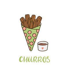 Churros with chocolate. Churros (or churro) is a traditional Spanish dessert. It can be used for menu, sign, banner, poster, etc.