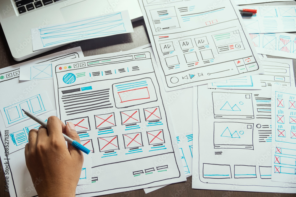Aufkleber website designer creative planning application developer development draft sketch drawing template l