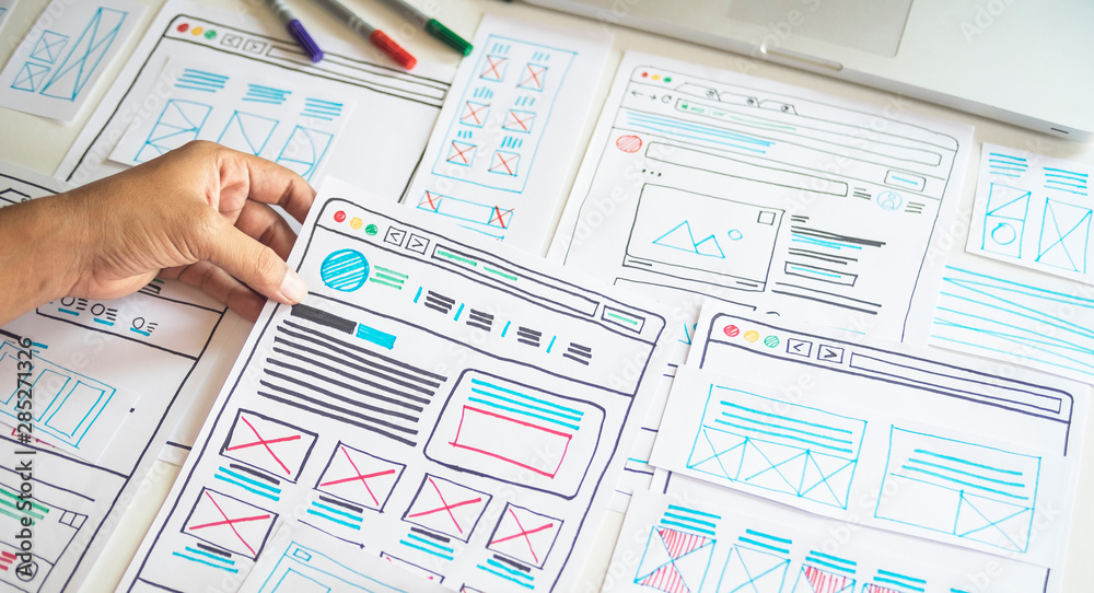 Aufkleber website designer creative planning application developer development draft sketch drawing template l