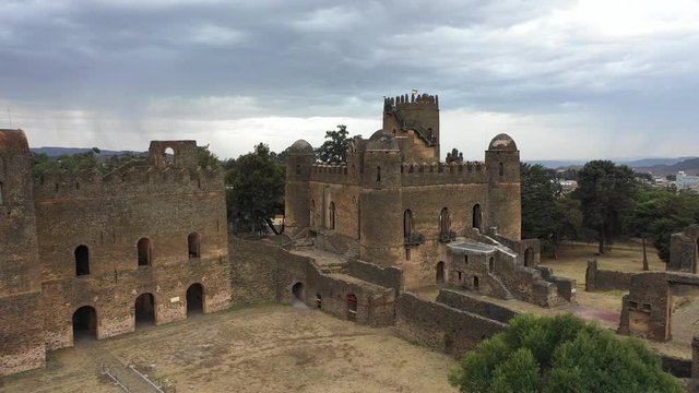 Aerial view of beautiful Royal Enclosure (fort) in Gondar, landmark historic structure and popular tourist attraction in Ethiopia