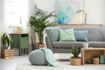 Living room interior with green houseplants and sofa