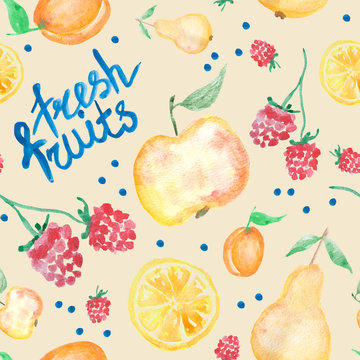 Fresh fruits watercolor painting - hand drawn seamless pattern with lettering on beige background