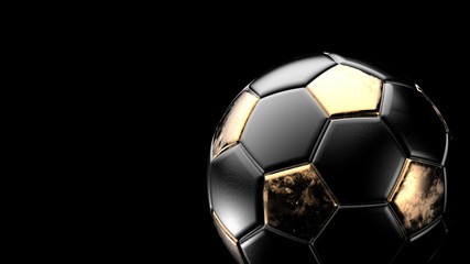 Ballon de métal de football doré et noir isolé sur fond noir. Rendu 3d de football