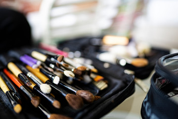 many type of make up brush ready to work as beauty artist 