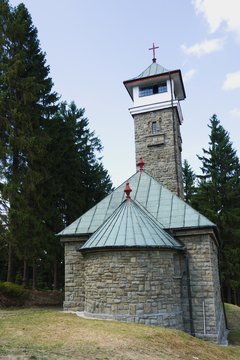 Lookout tower at Kozubova and Chapel of st. Anna in Beskydy, Czech republic.