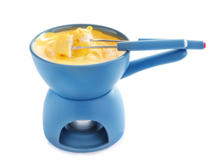 Obraz na płótnie Canvas Pot of tasty cheese fondue and forks with bread isolated on white