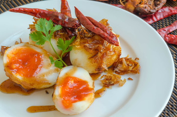 Thai Cuisine,Sweet and sour eggs,(Fried Egg with Tamarind Sauce)