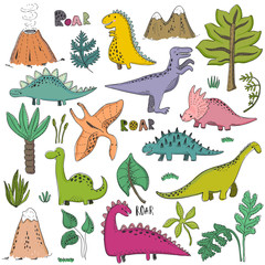Vector collection of hand drawn dinosaurs, tropical leaves trees and plants.