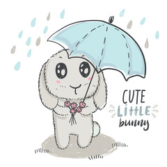 Vector hand drawn cute rabbit with umbrella.