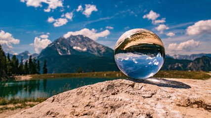 Crystal ball alpine landscape shot at the famous Jenner summit near Berchtesgaden, Bavaria, Germany