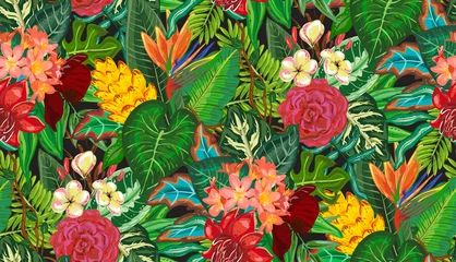 Vector seamless pattern with tropical palm leaves, jungle plants, exotic flowers. © Andrei