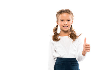 happy schoolkid showing thumb up isolated on white