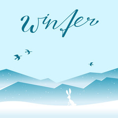 Fototapeta na wymiar Vector Illustration: Winter mountains landscape with hills and animals.