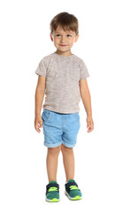 Full length portrait of cute little boy on white background
