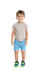 Full length portrait of cute little boy on white background
