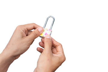Women hands holding master key isolate on white background with copy space for text or design. Save...