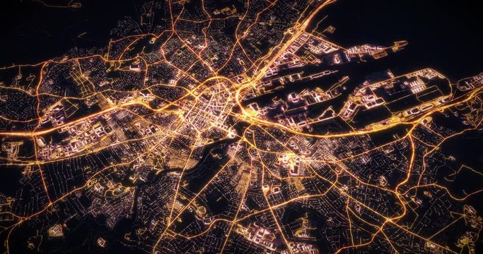 Aerial night view of city of Belfast Ireland UK. Traffic and street light glowing. Camera flying above space filming to city center. Rotating around and making endless loop. 3d animation rendering.