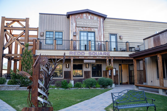 Stanley, Idaho - July 1, 2019: Exterior of the Stanley Town Square, a public space with restaurants and shopping