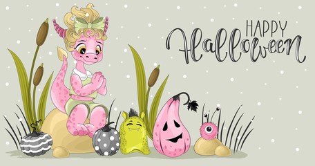 Halloween invitation. Greeting card template with cute Dragons, pumpkins and handwritten inscription phrase 