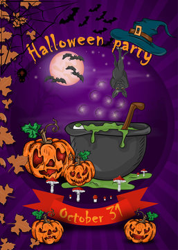design posters for decoration of the holiday all Hallows eve, Halloween, cauldron of potion next to the pumpkins in the cemetery