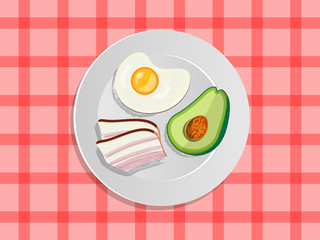 Ketogenic diet nutrition. White plate full of healthy food: avocado, bacon and scrambled eggs, low carb high healthy fats. Vector illustration for keto friendly eating