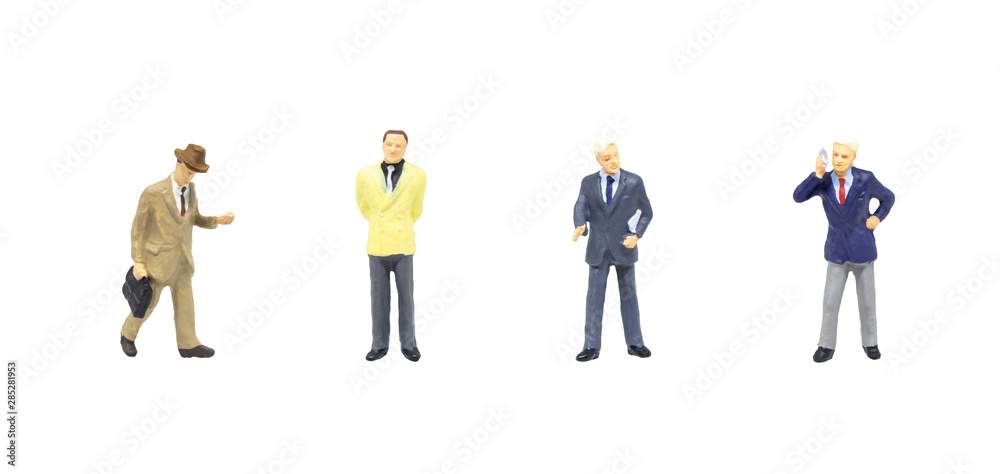 Wall mural miniature figurine character as businessman standing and working in posture isolated on white backgr