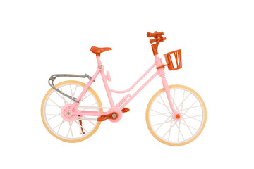 Close up pink bicycle model toy isolated on white background.