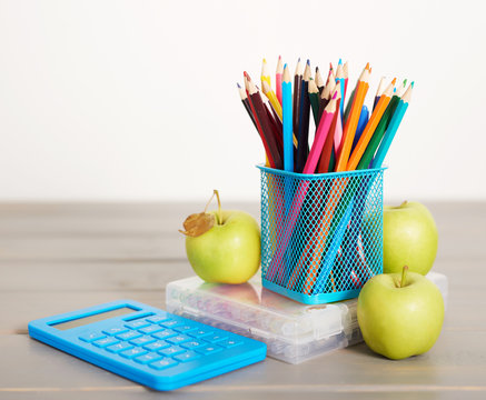 School supplies background. Back to school concept. Items for school. Office desk with copy space. Flat lay. Education and school concept. Stationery pencils, pens on table