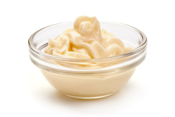 Bowl of mayonnaise, isolated on white background