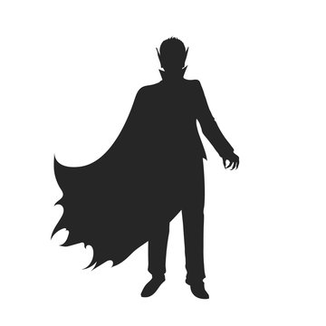 Black silhouette of vampire. Halloween party. Isolated image of dracula costume. Dead man on white background. Gothic monster