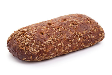 Freshly baked rye bread with sunflower seeds, isolated on white background