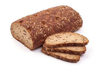 Sliced rye bread with sunflower seeds, isolated on white background