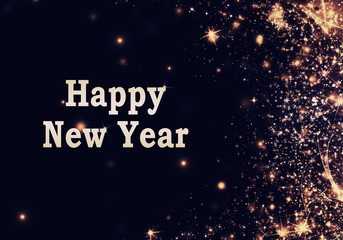 Golden black Christmas or New Year background with glitter, snowflakes, stars, bokeh gold lights, festive dark style background with inscriptions, raster illustration