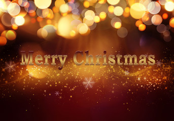 Golden red Christmas or New Year background with glitter, snowflakes, stars, bokeh gold lights on...
