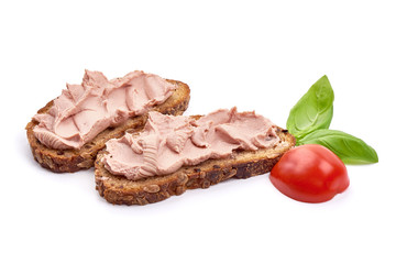 Chicken liver pate sandwich, isolated on white background